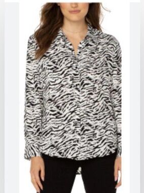 Liverpool Womens Black & White Zebra Print Button-Front Blouse
